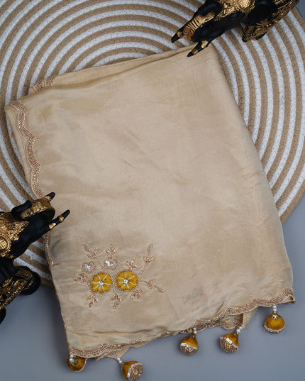 Tissue crepe saree with Embroidery butties and scallop border Kardhana work - Beige