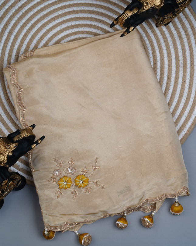 Tissue crepe saree with Embroidery butties and scallop border Kardhana work - Beige