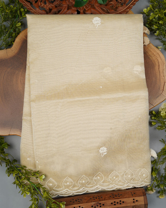 Tissue Linen Saree and Scallop Border and Peral Work - Beige