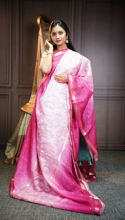 Silk Kota Saree With Golden Butties & Border - Baby Pink
