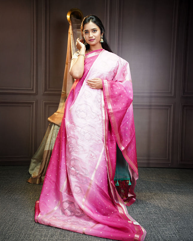 Silk Kota Saree With Golden Butties & Border - Baby Pink