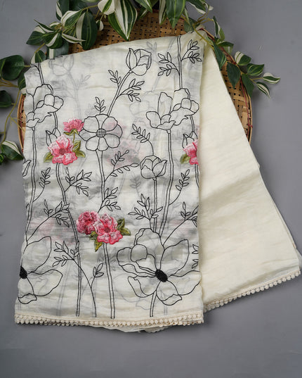 Tissue Organza Silk with Thread Embroidery Work lace Border- White