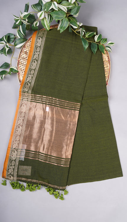 Cotton Antique Gold Zari Border - Green