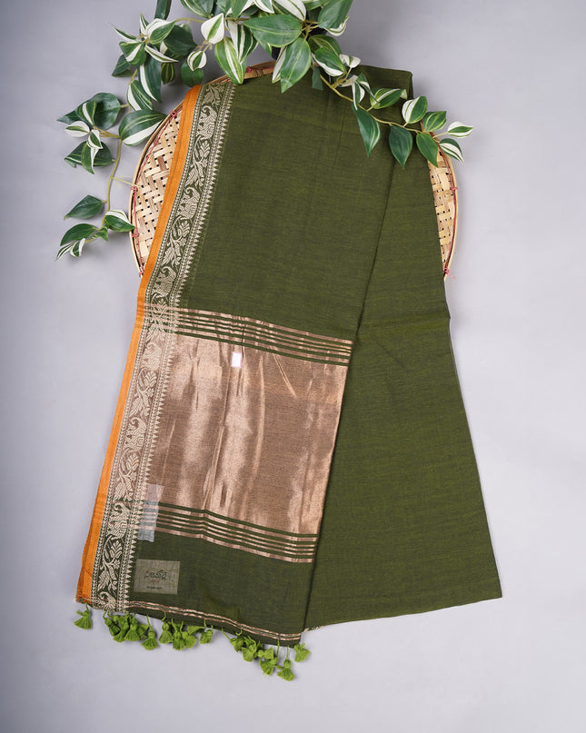 Cotton Antique Gold Zari Border - Green