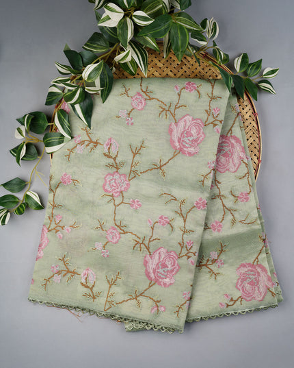 Tissue Lenin Saree with Thread Embroidery Work and Lace Border- Sage Green