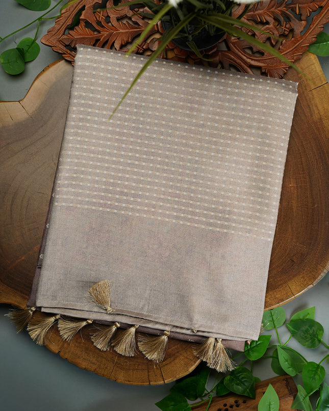 Tusser Silk Saree with Floral Print and Subtle Vertical Stripes and Small Delicate Motifs- Beige