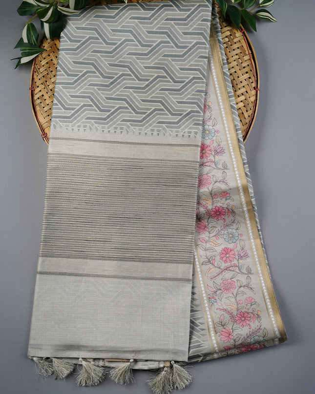 Tusser Silk Saree with Floral Print Border- Sage Green