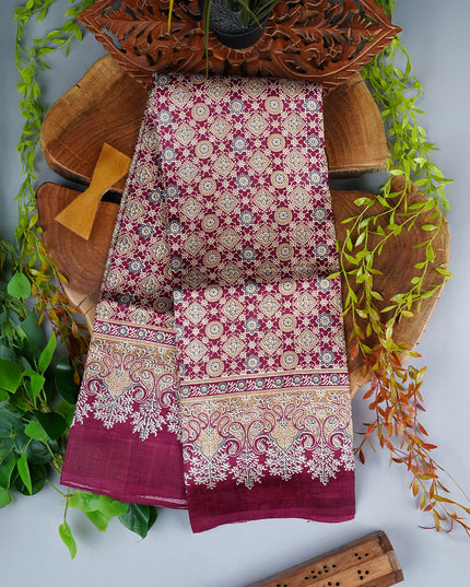 Pure Silk Saree with Ajrakh Print - Wine