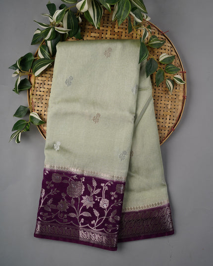 Chanderi Silk With Golden & Silver Zari Butties And Contrast Border - L Green
