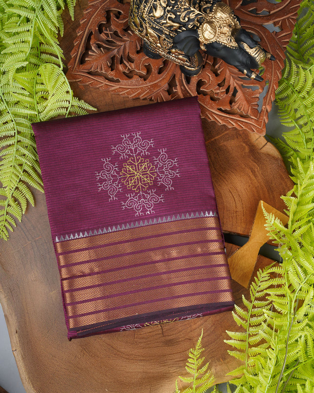 Mangalagiri silk saree with thread embroidery work and contrast border - Purple