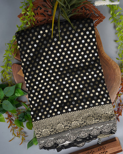 Banarasi Khaddi Georgette Saree With Gold & Silver Scallop Polka Dot With Border - Black