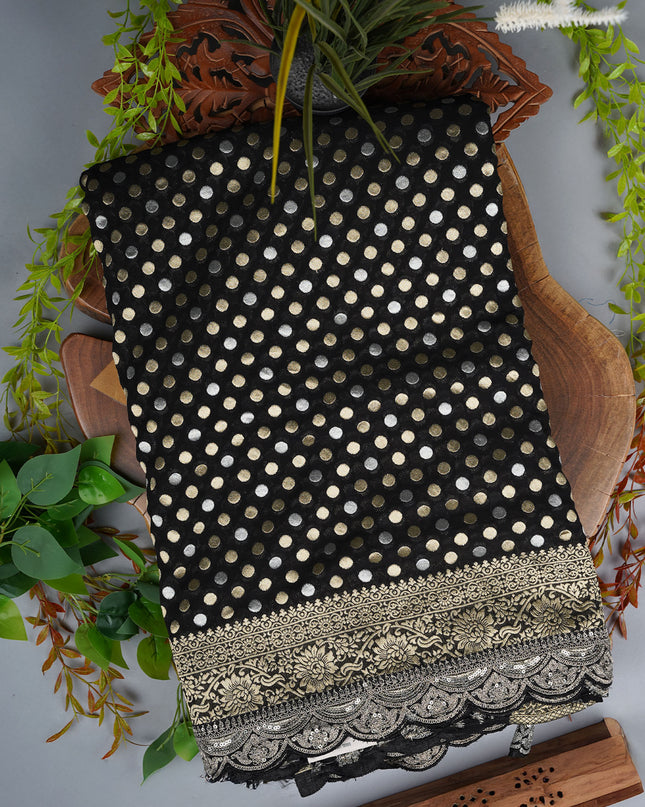 Banarasi Khaddi Georgette Saree With Gold & Silver Scallop Polka Dot With Border - Black