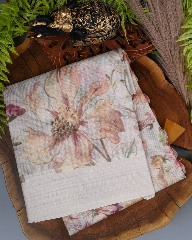 Kota Cotton Saree with Floral Print- Half White