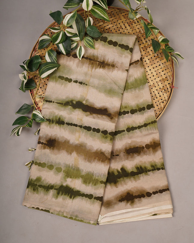 Russian Crape Shibori Print Kalamkari Pallu - Cream & Green