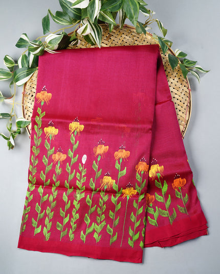 Mangalagiri Silk Saree With Hand Painting - Rani  Pink