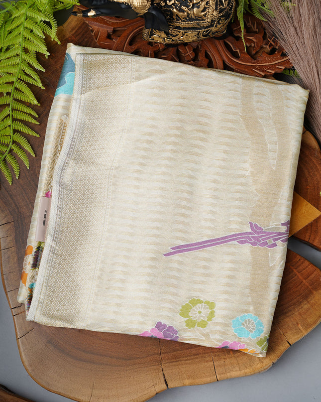 Banaras Silk saree with Meenakari Butties and Golden Zari Border- Cream