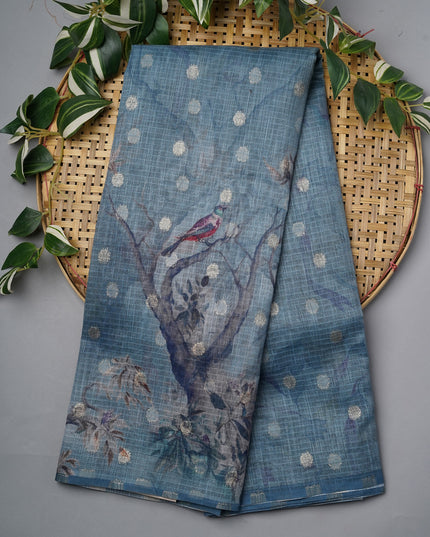 Silk Kota Saree With Gold Zari Butties And Print Border - Mint Blue