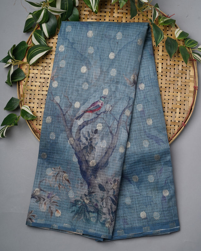 Silk Kota Saree With Gold Zari Butties And Print Border - Mint Blue