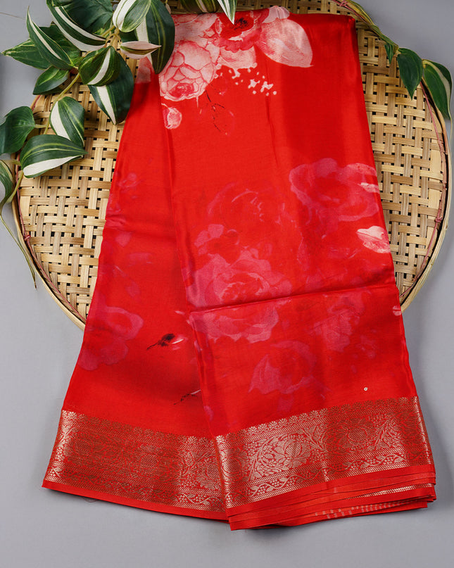 Binny Crepe Floral Print with Golden Zari Border - Red