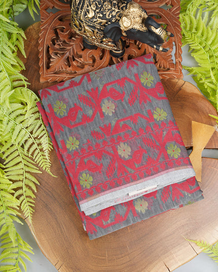 Lotus Cotton Saree With Floral thread Weaving Design - Grey