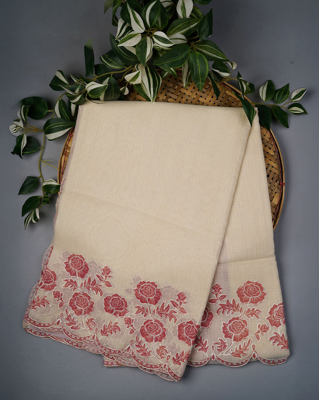 Kota Silk Saree with Thread Embroidery With Scallop Border - Cream & Peach