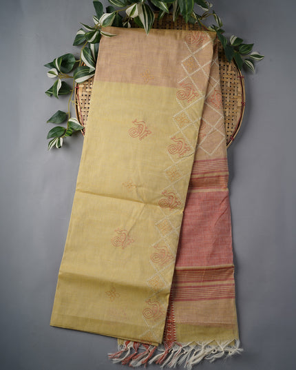 Handloom Cotton Saree With Thread Embroidery Butties Border - Tan