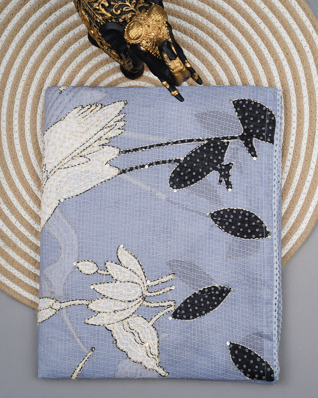 Kota saree digital print  with knot work and lace border - Lite Blue