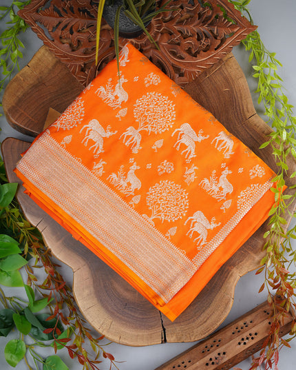 Mashru Banaras Silk Saree With Golden Zari Border - Orange