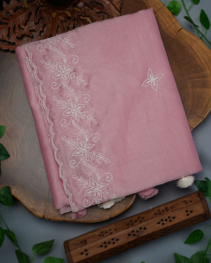 Organza Saree with Embroidery Butties and Border- Pink