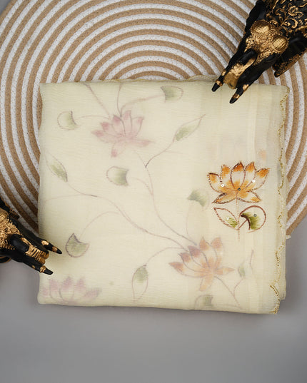 Crush tissue saree with hand painting butties and scallop border Kardana & Sequence Work- Yellow