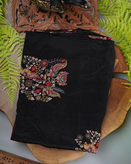 Binny Crepe Saree Floral Print With contrast Border - Black
