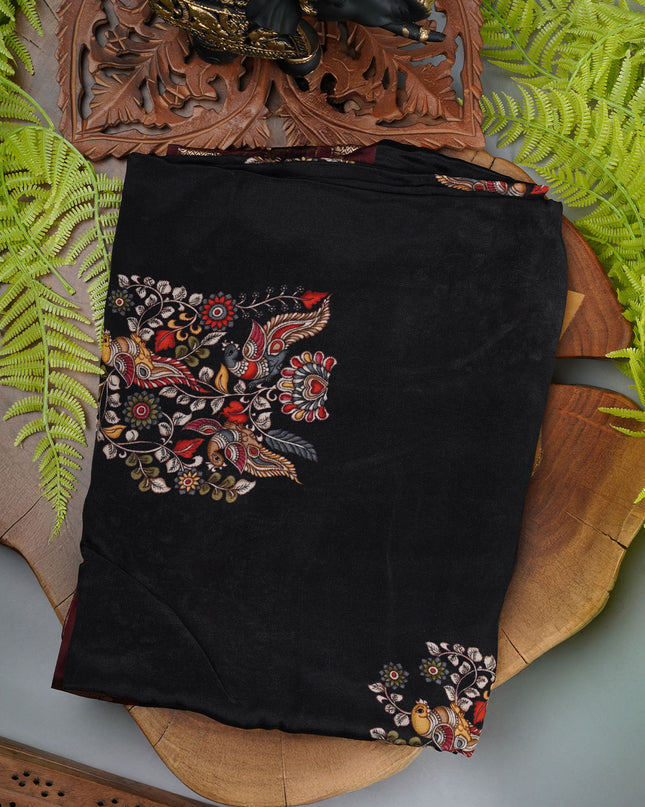 Binny Crepe Saree Floral Print With contrast Border - Black