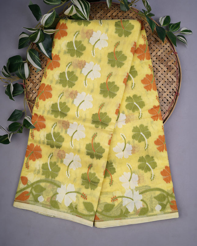 Lotus Cotton Saree With Floral Weaving Design - Yellow