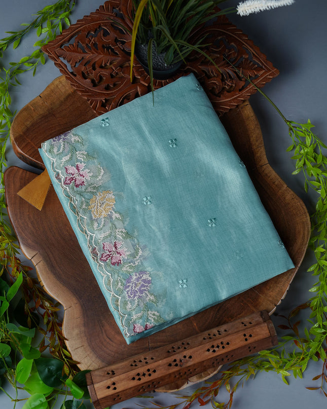 Linen Saree With Thread Work Butties and Scallop Border - Mint Blue