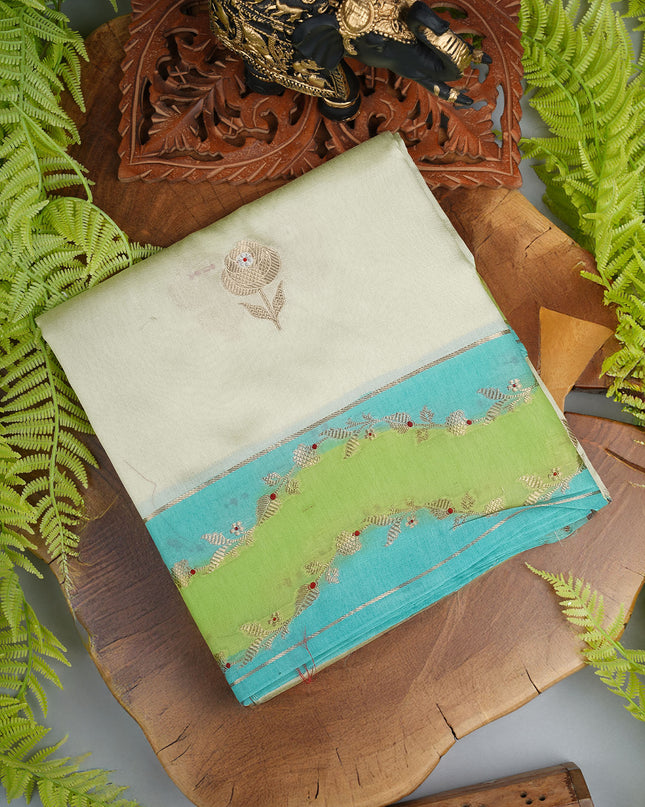 Katan tusser banaras saree dual floral design border  - P Green