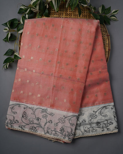 Silk Kota Saree With Gold Butties And Contrast Border With Thread Work - Peach