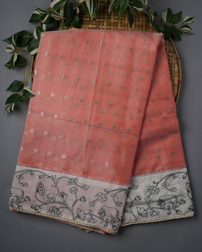 Silk Kota Saree With Gold Butties And Contrast Border With Thread Work - Peach