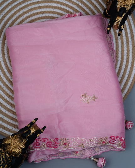 Russian crepe saree with Kardhana sequence butties and scallop border - Baby Pink