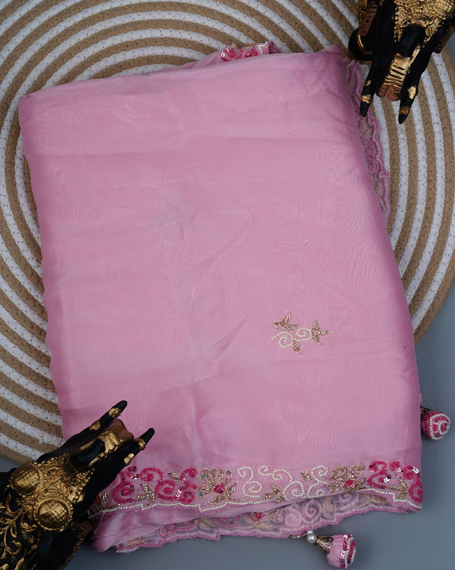 Russian crepe saree with Kardhana sequence butties and scallop border - Baby Pink