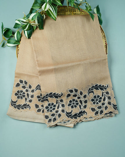 Kota Silk Saree With Floral Print & Ari Work Scallop Border - Beige