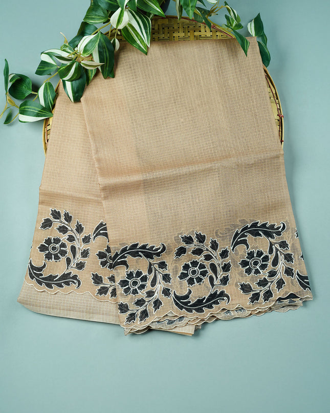 Kota Silk Saree With Floral Print & Ari Work Scallop Border - Beige