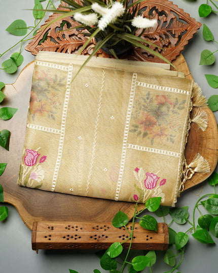 Handloom Jute Chanderi Saree with Floral Print and Woven Border- Beige