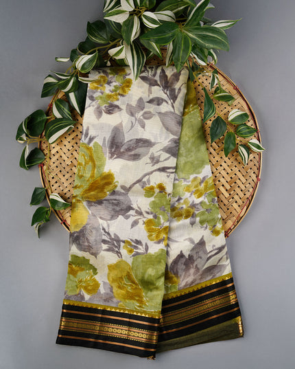 Mangalagiri Silk Saree with Floral Print and Contrast Border- Green