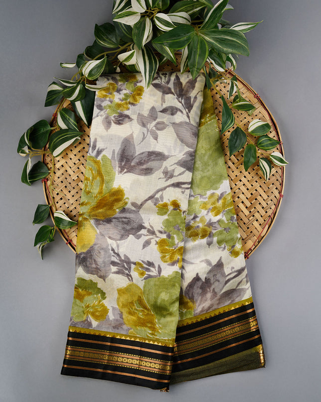 Mangalagiri Silk Saree with Floral Print and Contrast Border- Green