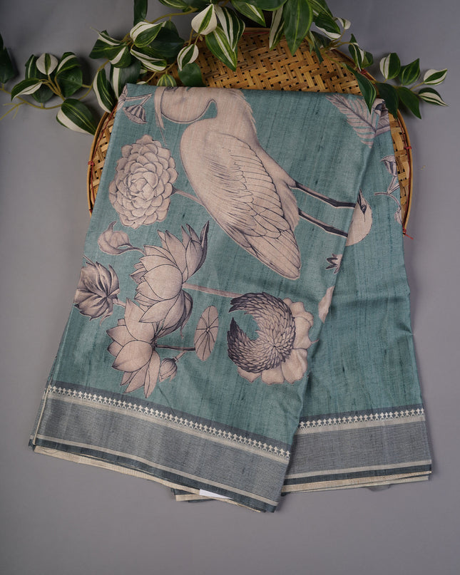 Tissue Silk With Digital Print & Thread Border - Teal Green