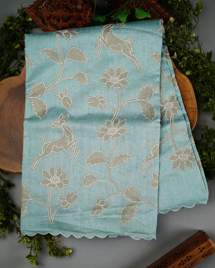 Kora Dupien Saree With Applique Work and Scallop Border - Sky Blue