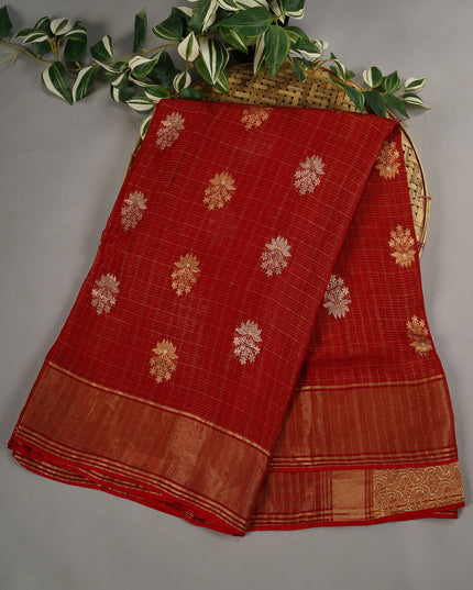 Georgette Gold & Silver Buttis With Kaddi Border  - Maroon