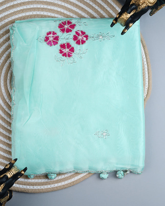 Russian Silk saree with Kardhana and applique Work with Scallop Border - Sea Green