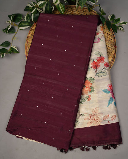 Tusser Silk Allover Mirror Work With Digital Print - Purple