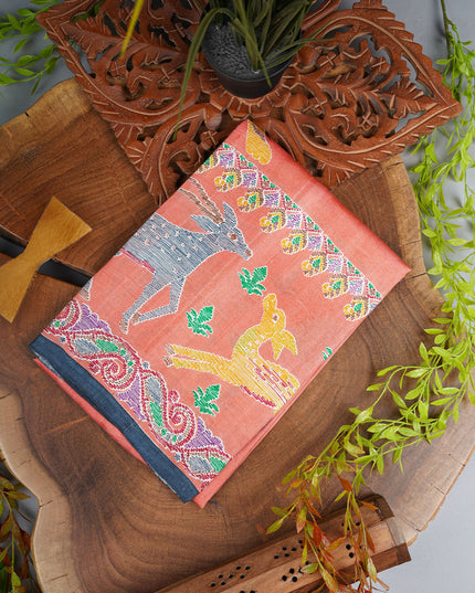 Pure Silk Saree With All Over Pen Kalamkari Prints in a Borderless Style - Orange